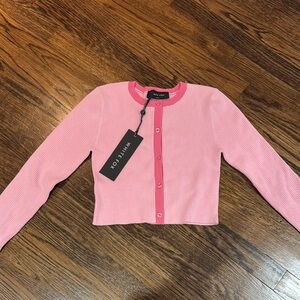 White fox Cropped Pink Ribbed Cardigan Sweater